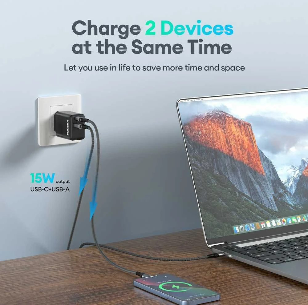FoneKit Double 20 W pikalaturi, USB-C + USB-A, musta