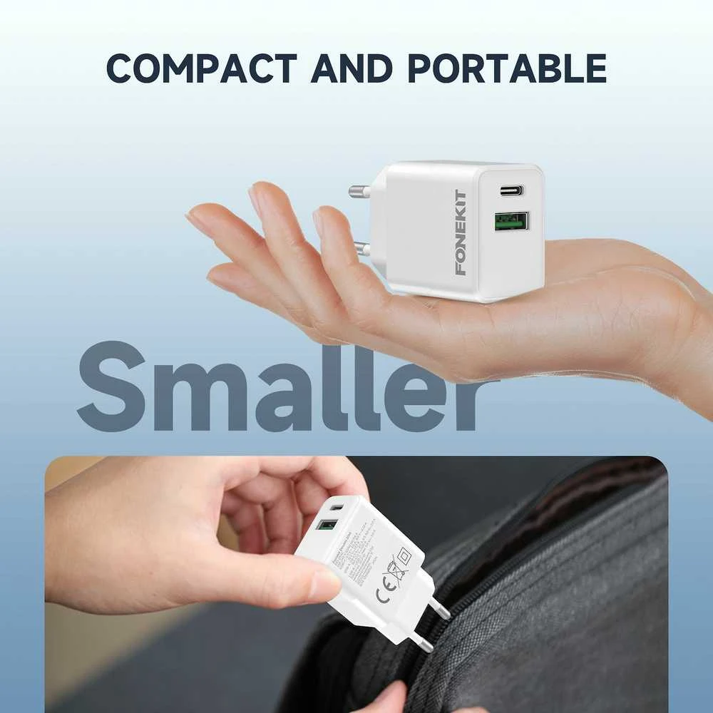 FoneKit Double 20 W pikalaturi, USB-C + USB-A, valkoinen