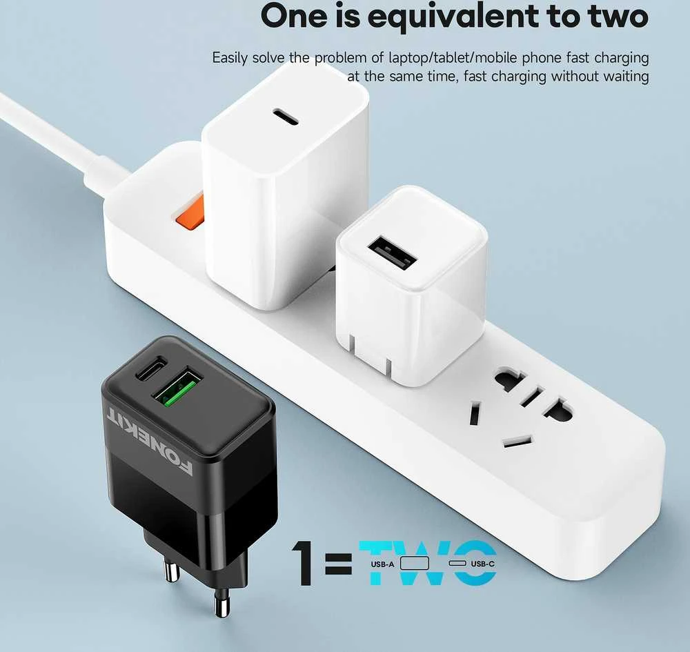 FoneKit Double 20 W pikalaturi, USB-C + USB-A, musta