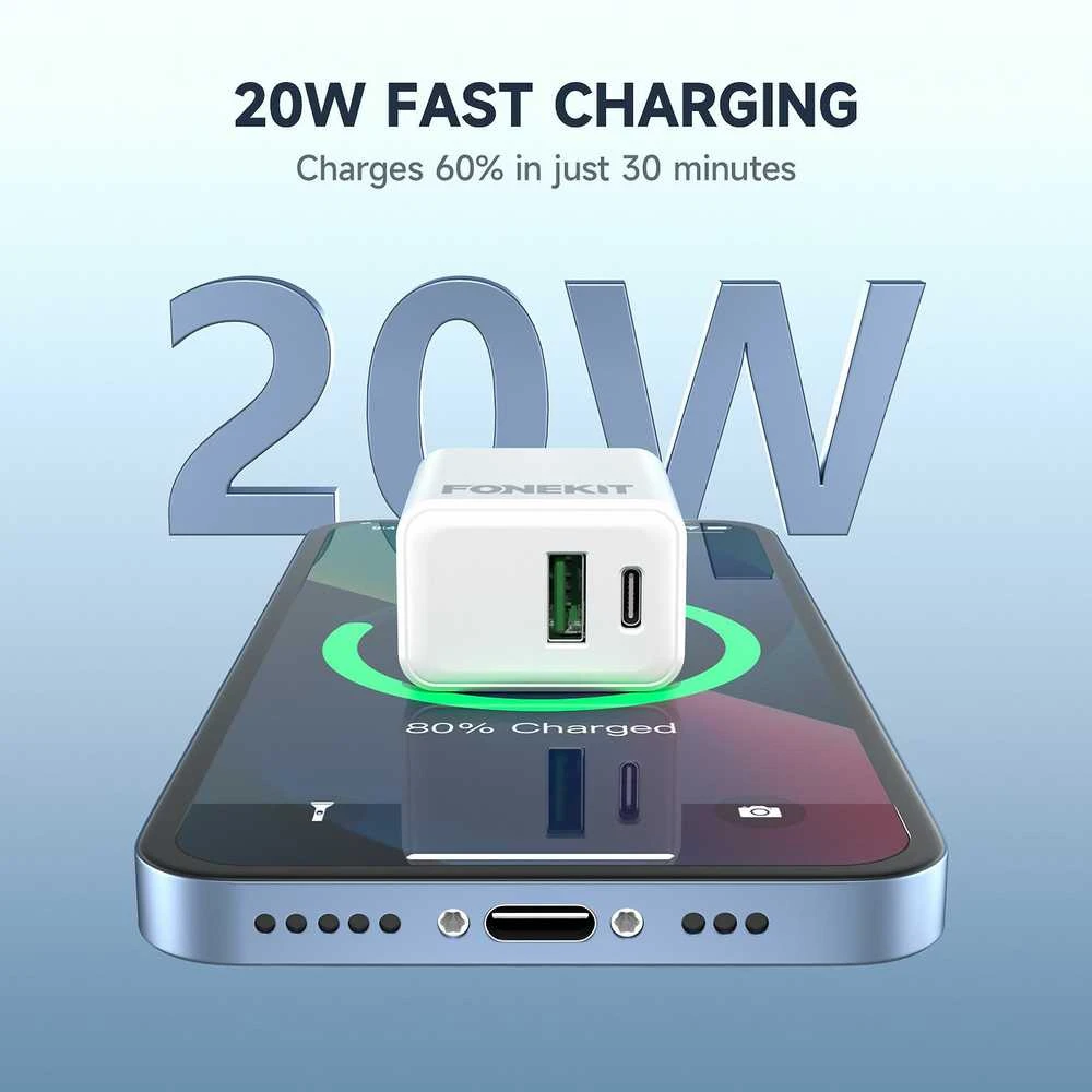 FoneKit Double 20 W pikalaturi, USB-C + USB-A, valkoinen