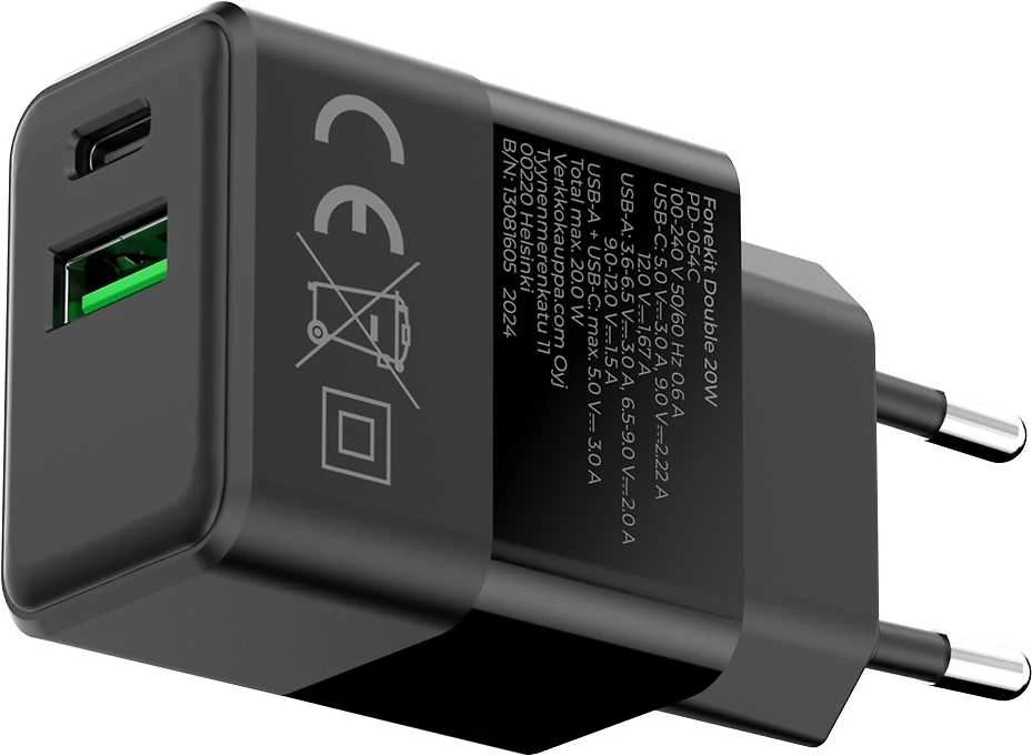 FoneKit Double 20 W pikalaturi, USB-C + USB-A, musta