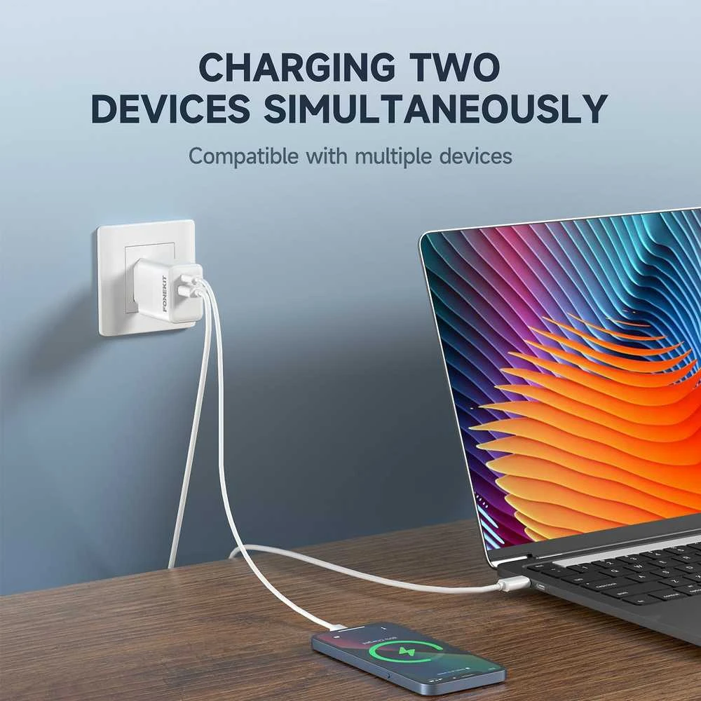 FoneKit Double 20 W pikalaturi, USB-C + USB-A, valkoinen