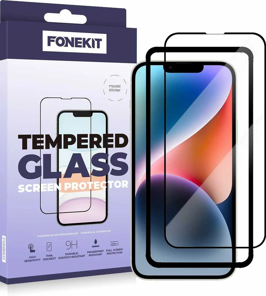FoneKit Full Cover -panssarilasi, iPhone 13 / 13 Pro / 14, musta