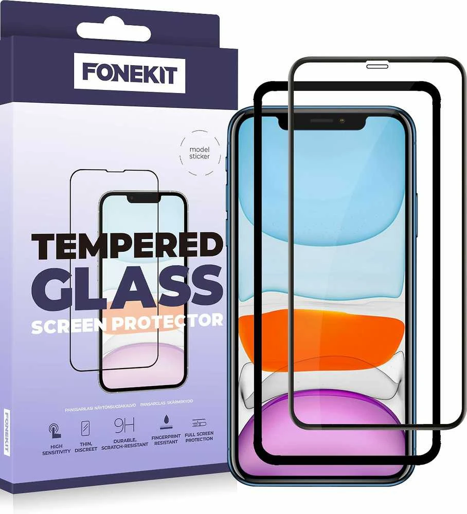 FoneKit Full Cover -panssarilasi, iPhone 11 / XR, musta