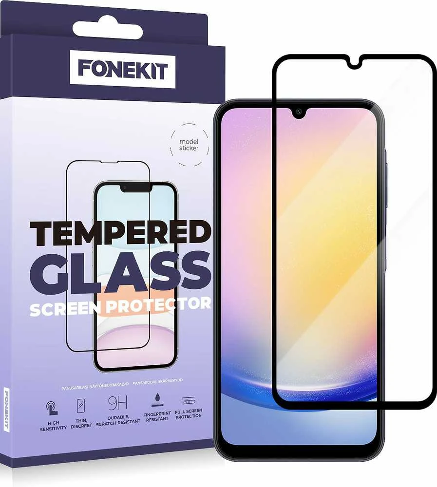FoneKit viso dangčio grūdintas stiklas, Samsung Galaxy A25, juodas