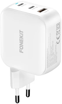 FoneKit GaN PD 100 W pikalaturi, 2 × USB-C + USB-A, valkoinen