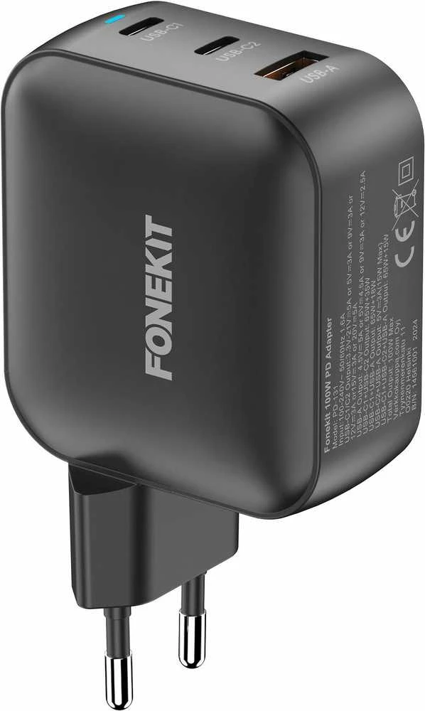 FoneKit GaN PD 100 W pikalaturi, 2 × USB-C + USB-A, musta