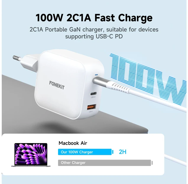 FoneKit GaN PD 100 W pikalaturi, 2 × USB-C + USB-A, valkoinen