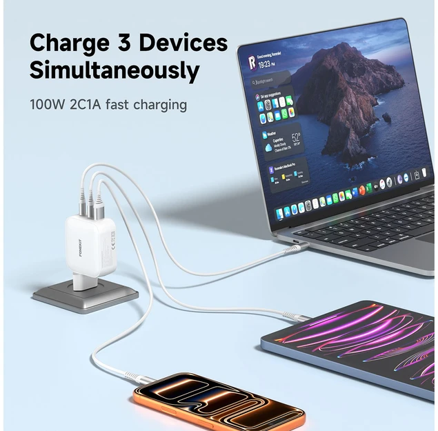FoneKit GaN PD 100 W pikalaturi, 2 × USB-C + USB-A, valkoinen
