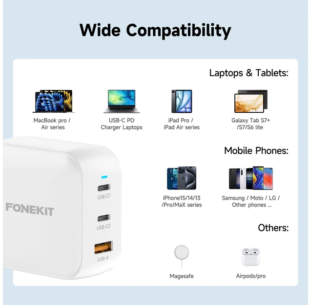 FoneKit GaN PD 100 W pikalaturi, 2 × USB-C + USB-A, valkoinen