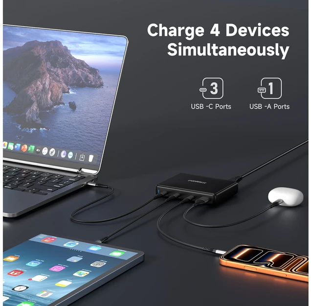 FoneKit GaN PD 140 W pikalaturi, 3 × USB-C + USB-A, musta