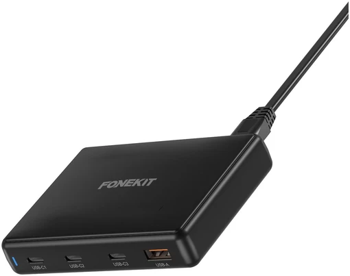 FoneKit GaN PD 140 W pikalaturi, 3 × USB-C + USB-A, musta