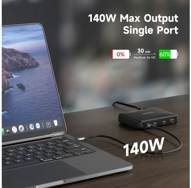FoneKit GaN PD 140 W pikalaturi, 3 × USB-C + USB-A, musta