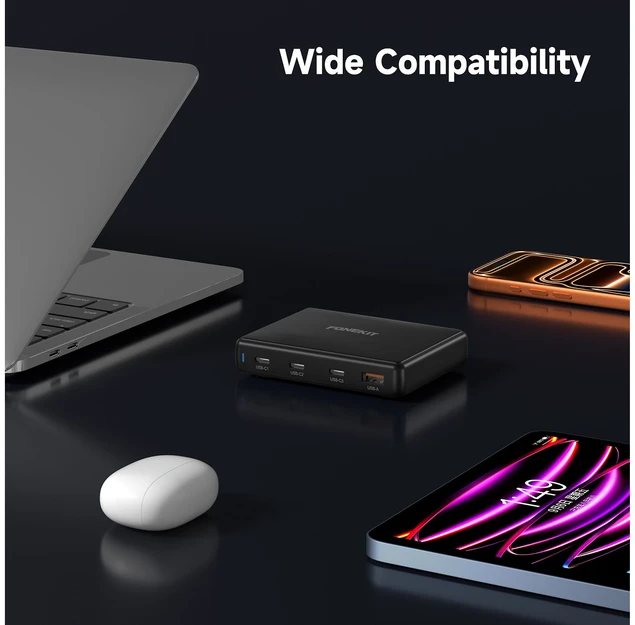FoneKit GaN PD 140 W pikalaturi, 3 × USB-C + USB-A, musta