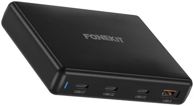 Juodas FoneKit 140W įkroviklis su keturiomis jungtimis
