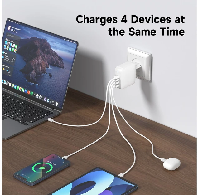 FoneKit GaN PD 165 W pikalaturi, 3 × USB-C + USB-A, valkoinen