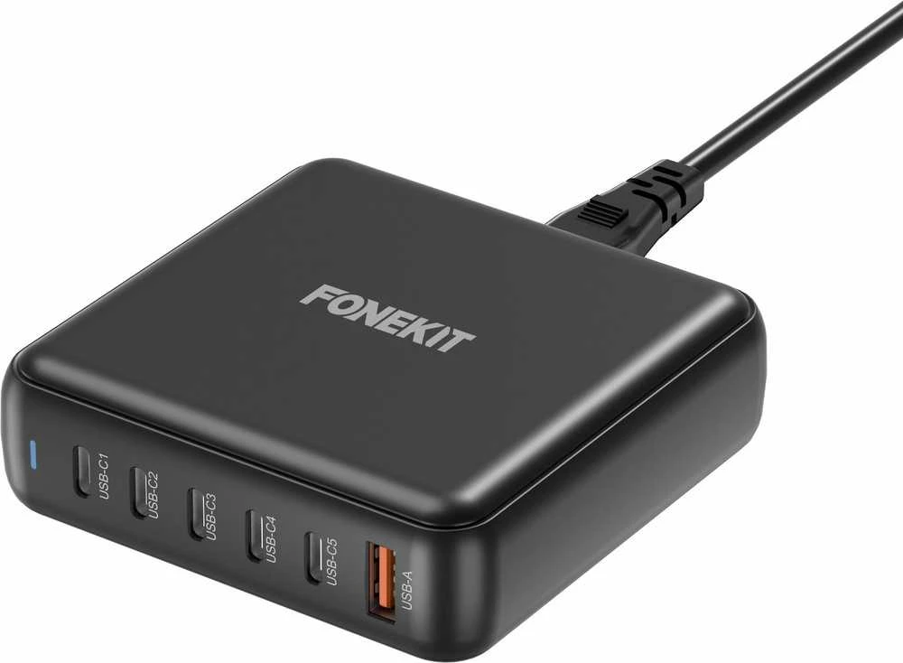 FoneKit GaN PD 200 W pikalaturi, 5 × USB-C + USB-A, musta