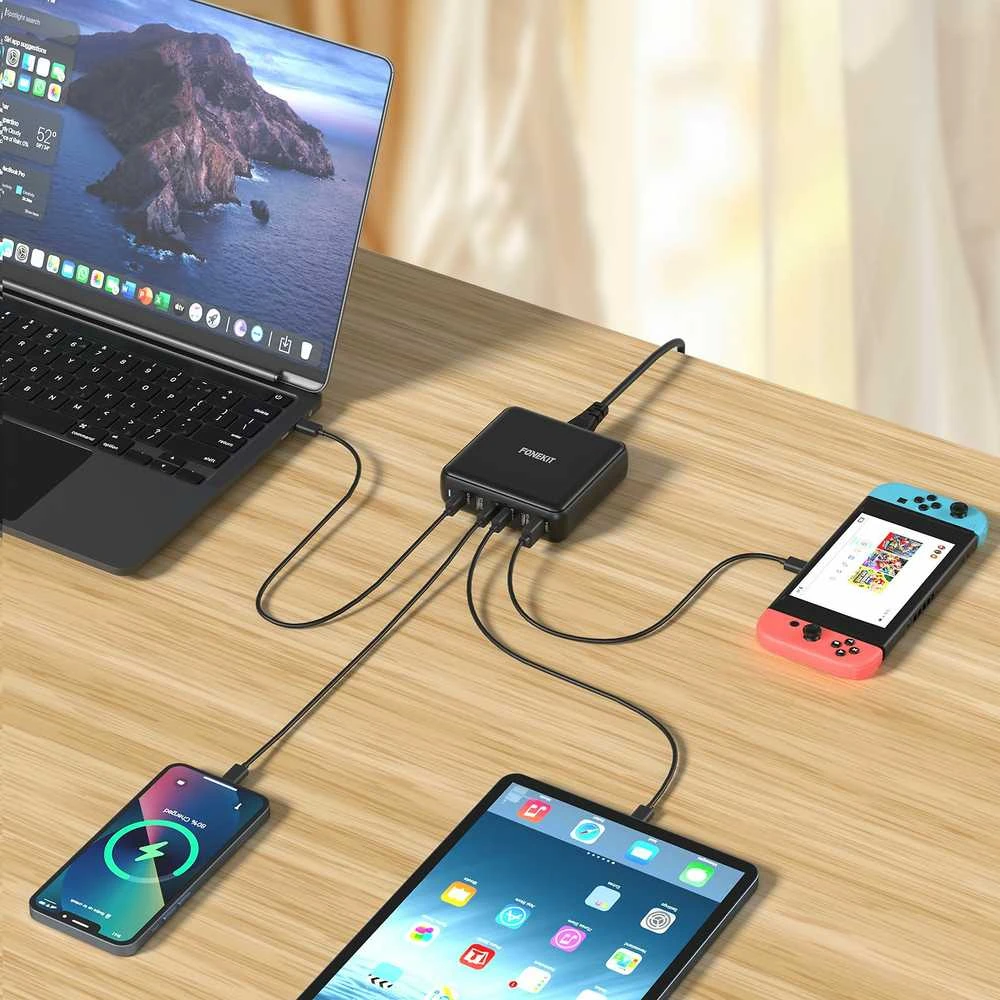 FoneKit GaN PD 200 W pikalaturi, 5 × USB-C + USB-A, musta