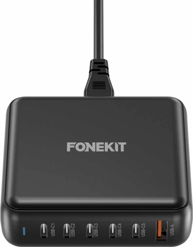 FoneKit GaN PD 200 W pikalaturi, 5 × USB-C + USB-A, musta