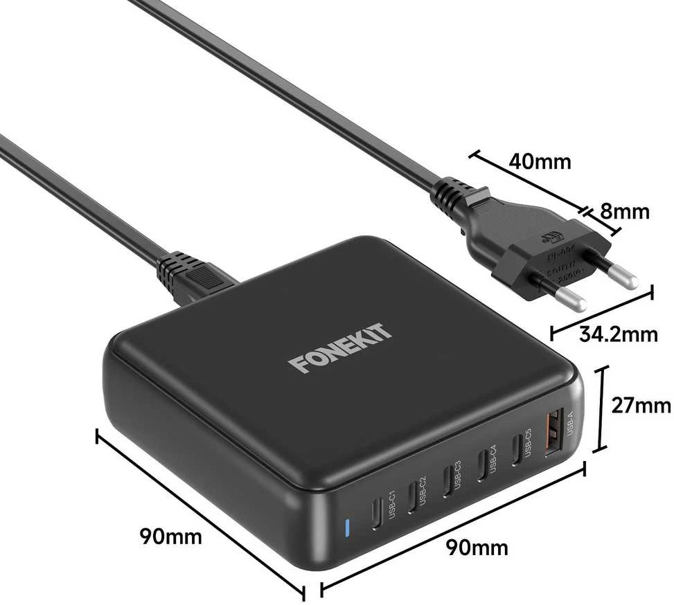 FoneKit GaN PD 200 W pikalaturi, 5 × USB-C + USB-A, musta