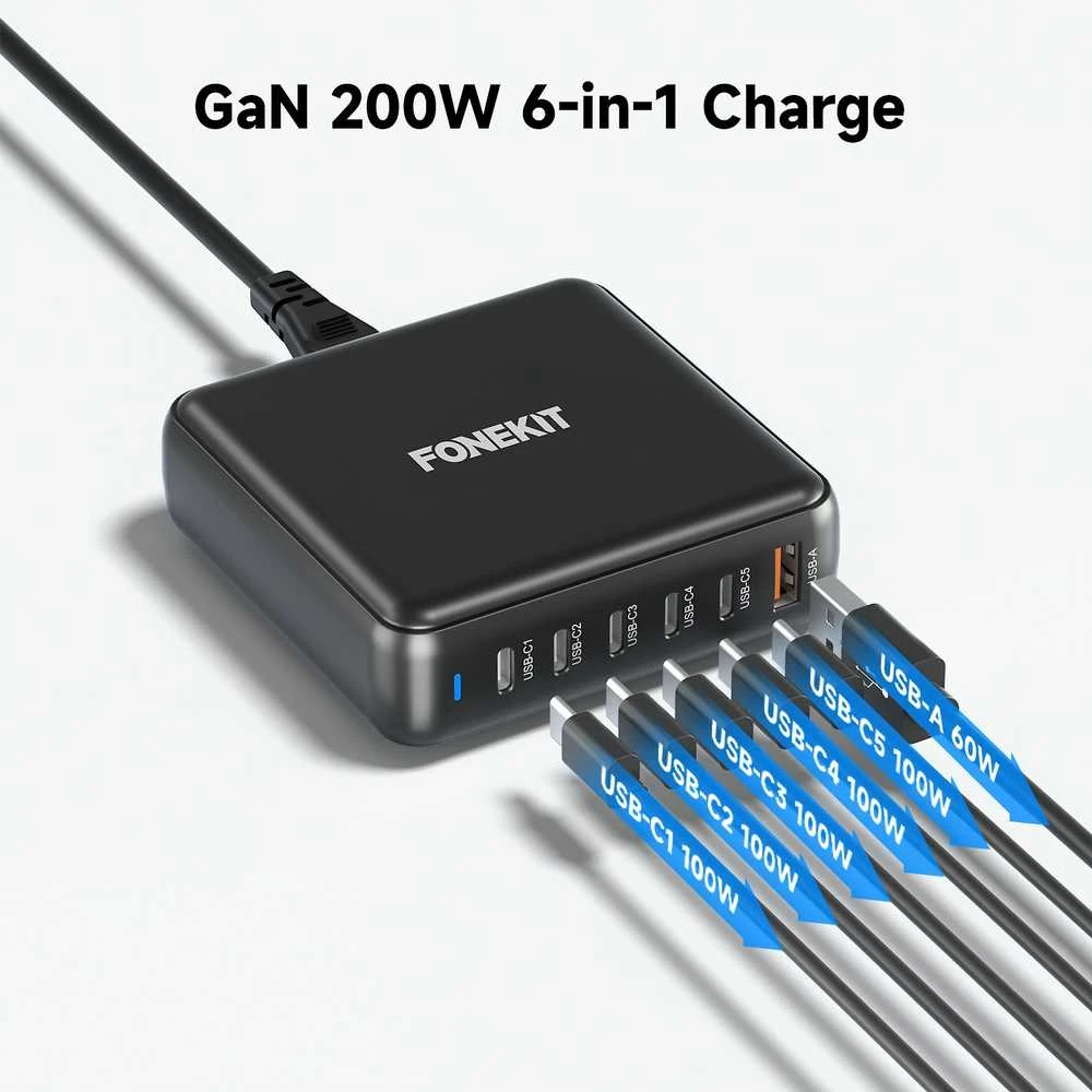 FoneKit GaN PD 200 W pikalaturi, 5 × USB-C + USB-A, musta