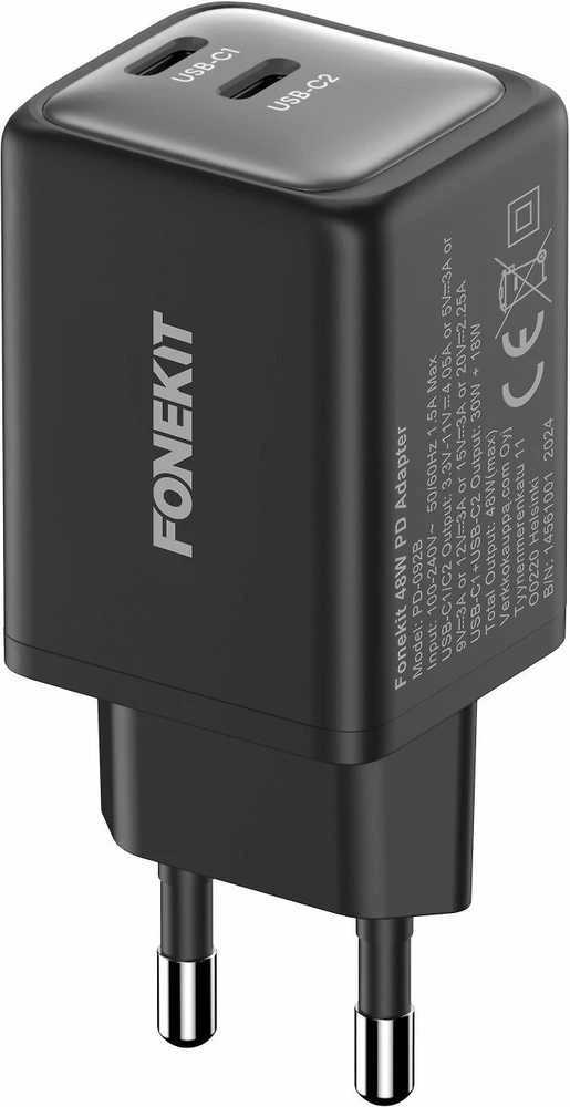 FoneKit GaN PD 48 W pikalaturi, 2 × USB-C, musta
