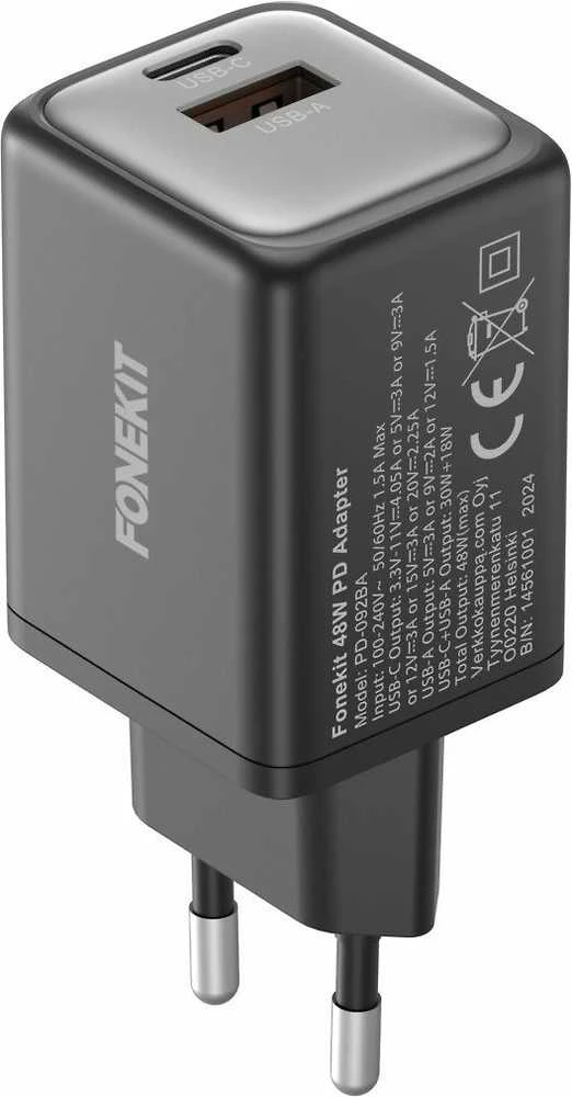 FoneKit GaN PD 48 W pikalaturi, USB-C + USB-A, musta