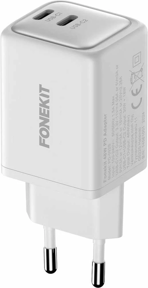 FoneKit GaN PD 48 W pikalaturi, 2 × USB-C, valkoinen