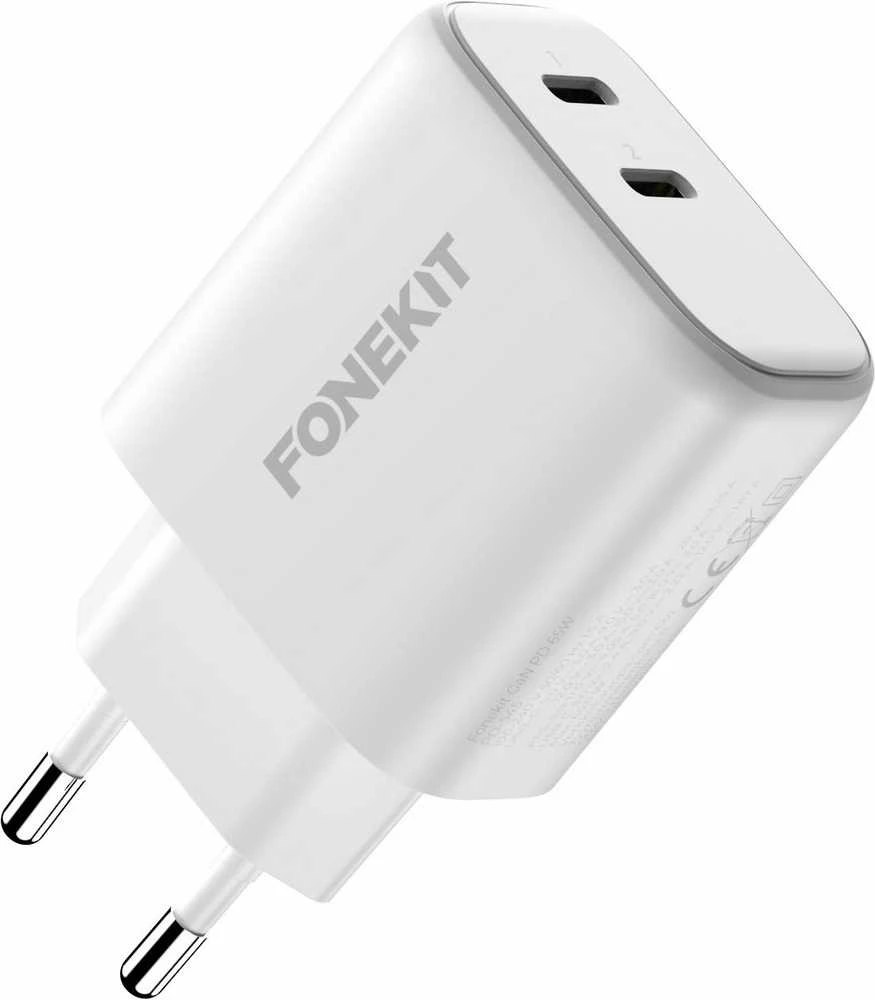 FoneKit GaN PD 65 W pikalaturi, 2 × USB-C, valkoinen