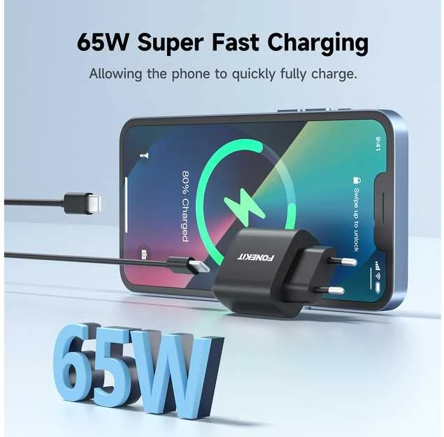 FoneKit GaN PD 65 W pikalaturi, USB-C, musta