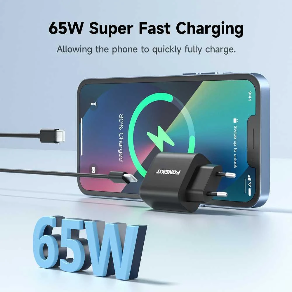 FoneKit GaN PD 65 W pikalaturi, USB-C, musta