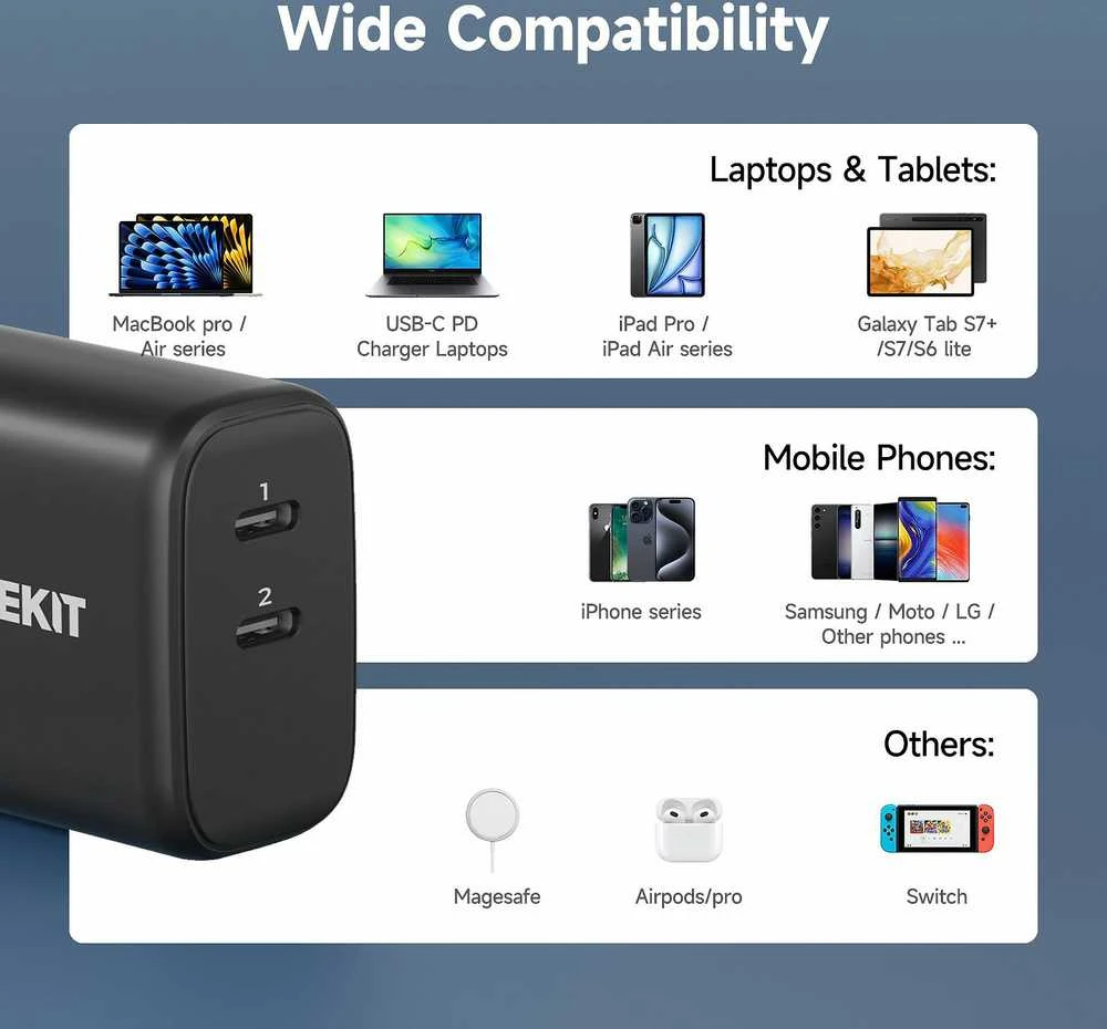 FoneKit GaN PD 65 W pikalaturi, 2 × USB-C, musta