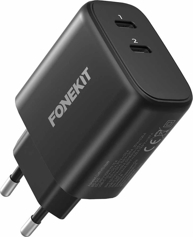 FoneKit GaN PD 65 W pikalaturi, 2 × USB-C, musta