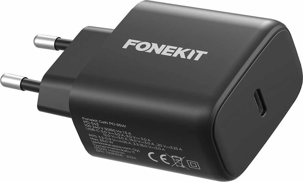 FoneKit GaN PD 65 W pikalaturi, USB-C, musta