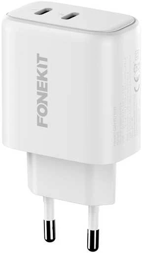 FoneKit GaN PD 65 W pikalaturi, 2 × USB-C, valkoinen