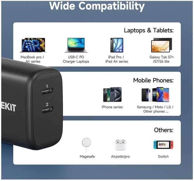 FoneKit GaN PD 65 W pikalaturi, 2 × USB-C, musta