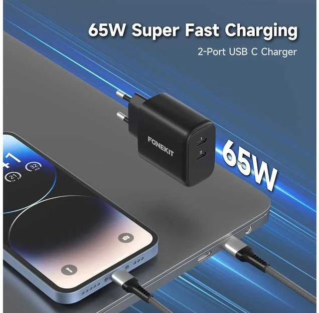 FoneKit GaN PD 65 W pikalaturi, 2 × USB-C, musta
