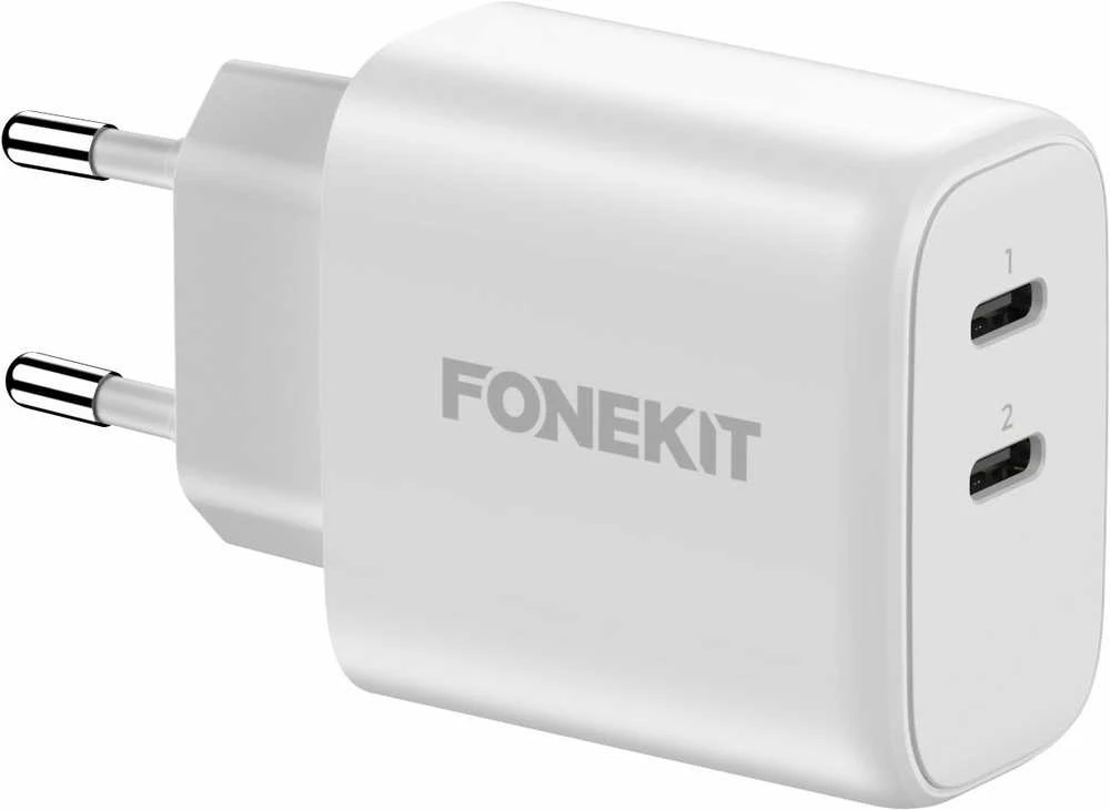 FoneKit GaN PD 65 W pikalaturi, 2 × USB-C, valkoinen