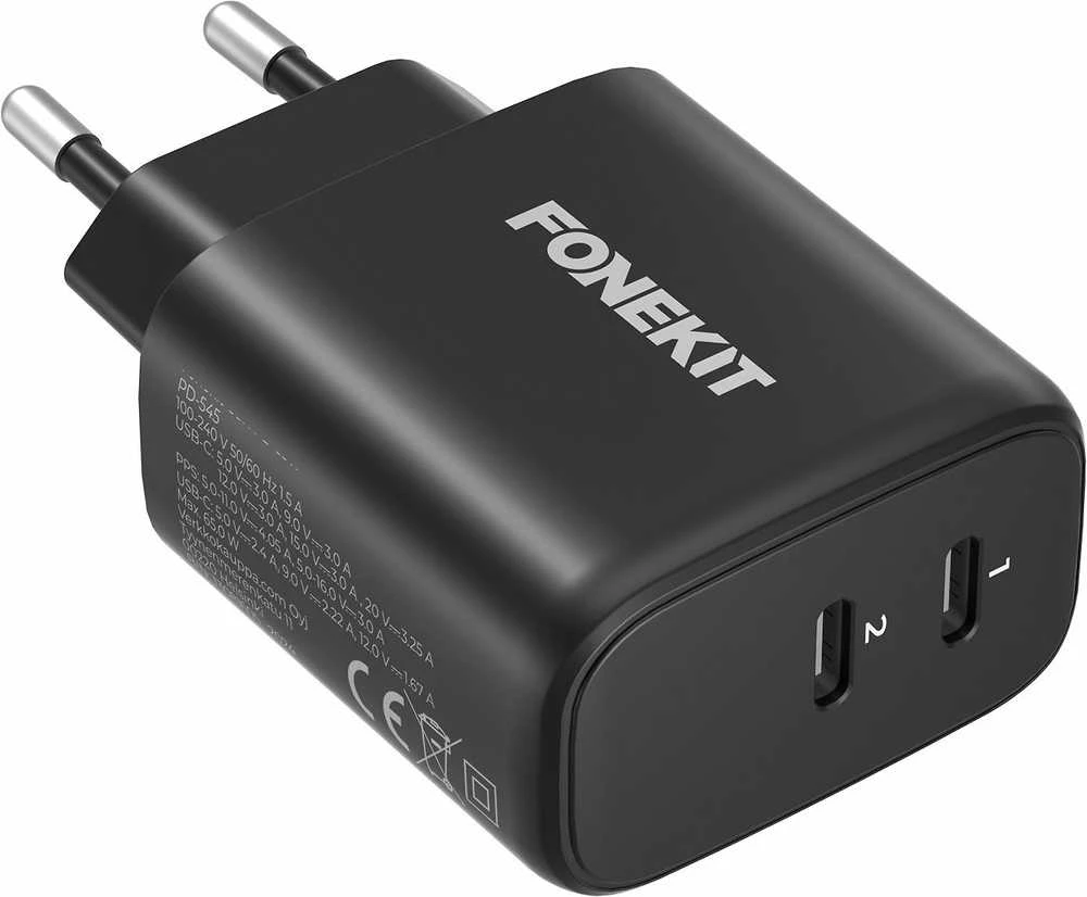 FoneKit GaN PD 65 W pikalaturi, 2 × USB-C, musta
