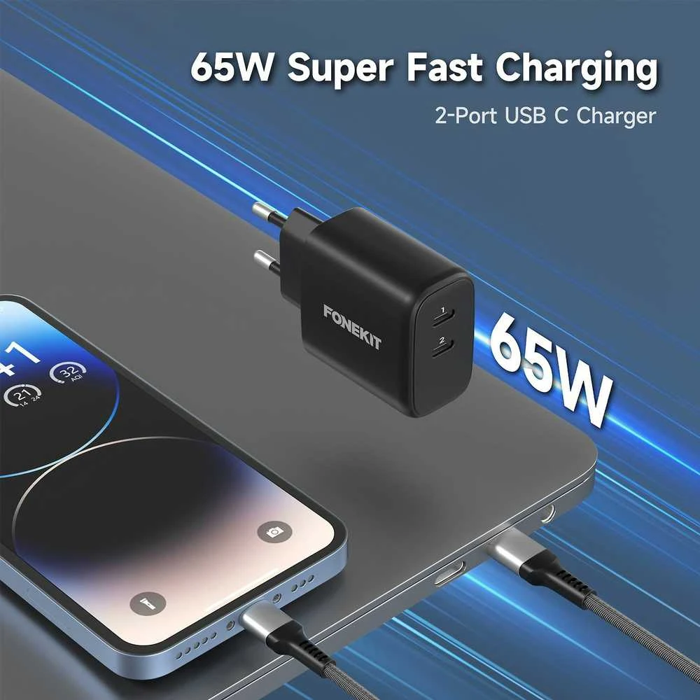 FoneKit GaN PD 65 W pikalaturi, 2 × USB-C, musta
