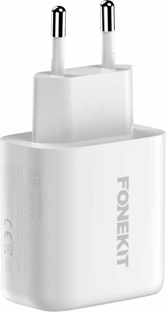 FoneKit GaN PD 65 W pikalaturi, 2 × USB-C, valkoinen