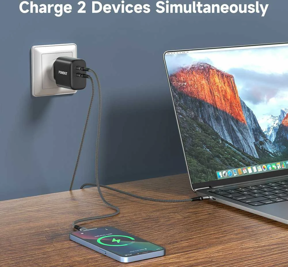 FoneKit GaN PD 65 W pikalaturi, 2 × USB-C, musta