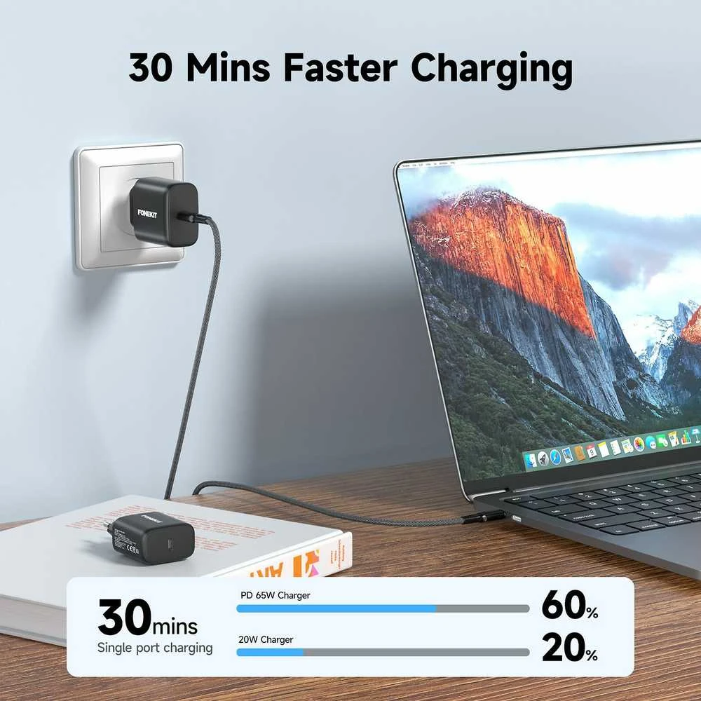 FoneKit GaN PD 65 W pikalaturi, USB-C, musta
