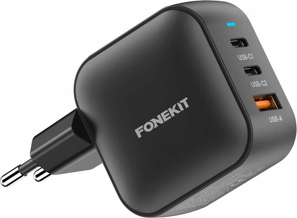 FoneKit GaN PD 70 W pikalaturi, 2 × USB-C + USB-A, musta