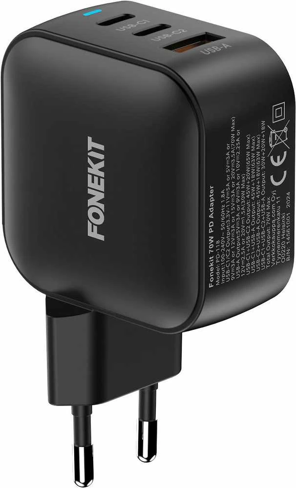 FoneKit 70W įkroviklis su techninių spesifikacijų žymėjimu