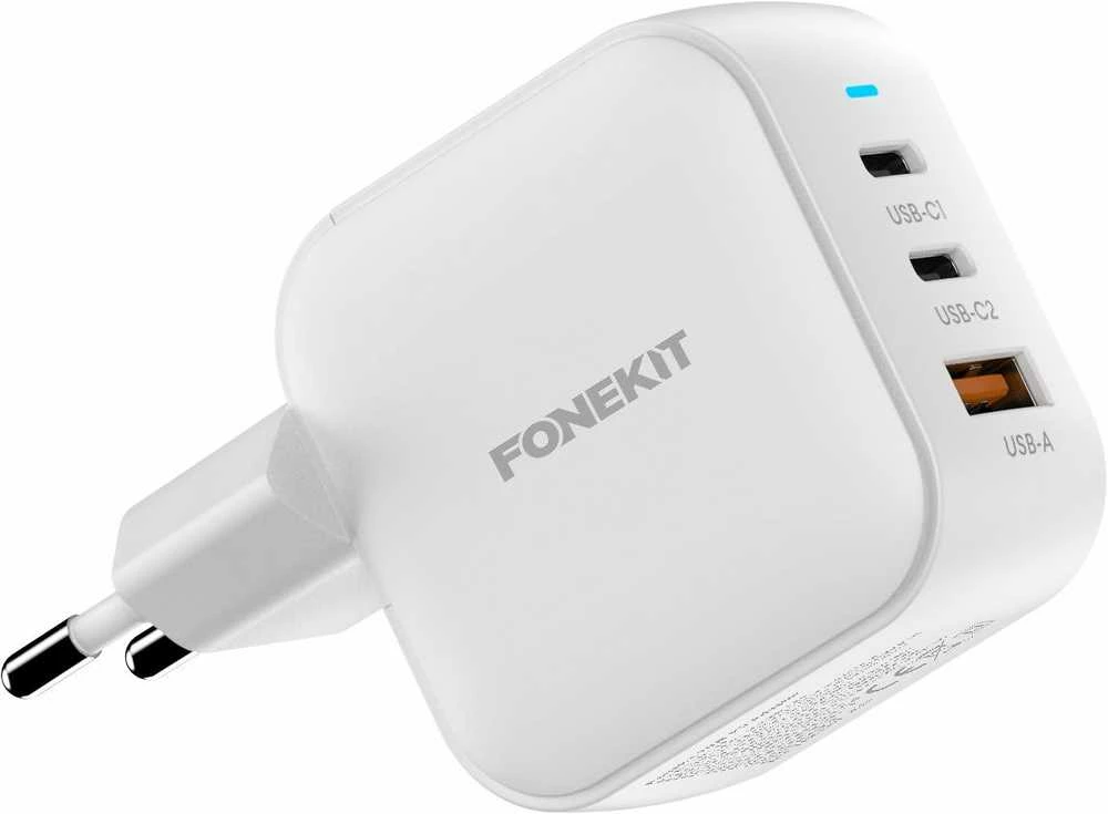 FoneKit GaN PD 70 W pikalaturi, 2 × USB-C + USB-A, valkoinen