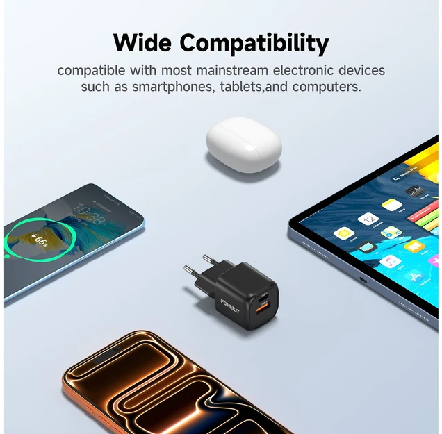 FoneKit Mini 20 W pikalaturi, USB-C + USB-A, musta