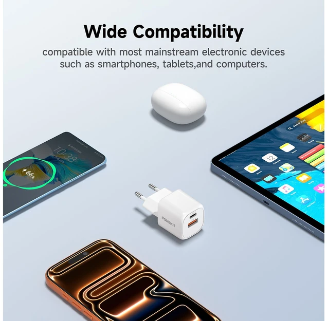 FoneKit Mini 20 W pikalaturi, USB-C + USB-A, valkoinen