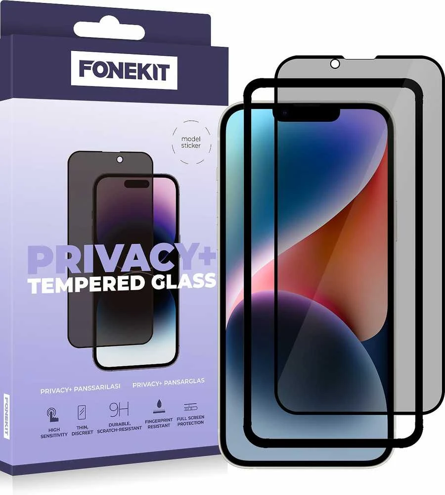 FoneKit Privacy+ pilno dangčio grūdintas stiklas, iPhone 13 / 13 Pro / 14, juodas