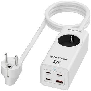 Fuj:tech 5-osainen 67W GaN jatkojohto 4 USB-portilla, 2 m, valkoinen